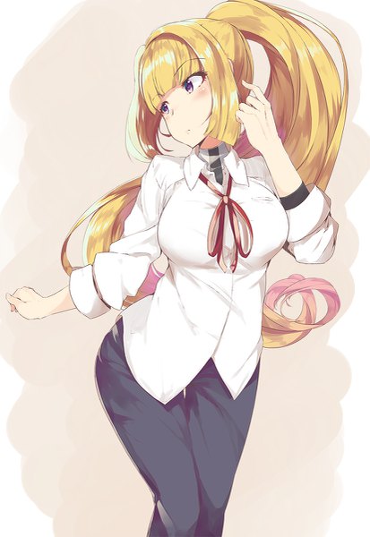 Anime picture 827x1200 with mobile suit gundam gundam tekketsu no orphans sunrise (studio) kudelia aina bernstein miya ur single tall image blush blonde hair purple eyes looking away ponytail very long hair girl shirt white shirt