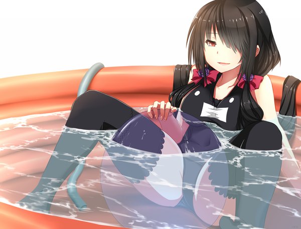 Anime picture 2100x1600 with date a live tokisaki kurumi hews long hair fringe highres light erotic black hair red eyes hair over one eye girl thighhighs black thighhighs swimsuit water pool hose wading pool