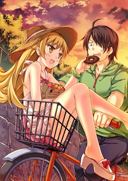 Anime picture 700x990 with bakemonogatari shaft (studio) monogatari (series) oshino shinobu araragi koyomi peach88 long hair tall image blush fringe short hair open mouth black hair blonde hair smile yellow eyes sky cloud (clouds) ahoge black eyes