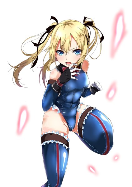Anime picture 2893x4092 with dead or alive marie rose yorughi single tall image highres blue eyes light erotic blonde hair white background twintails bare shoulders fighting stance girl thighhighs gloves ribbon (ribbons) hair ribbon detached sleeves petals