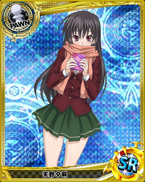 Anime picture 640x800 with highschool dxd raynare (dxd) single long hair tall image looking at viewer blush black hair purple eyes card (medium) valentine girl skirt uniform school uniform scarf gift