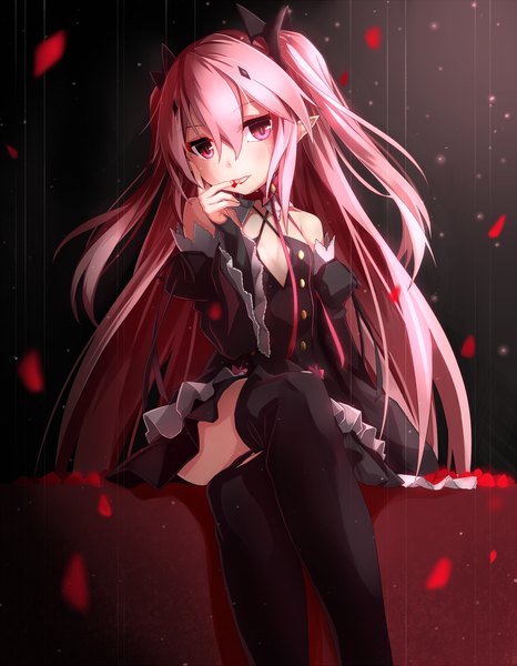 Anime picture 2000x2571 with owari no seraph wit studio kururu tepes takanashi kei (hitsujikan) single long hair tall image looking at viewer blush highres simple background hair between eyes sitting bare shoulders pink hair bent knee (knees) long sleeves pink eyes pointy ears two side up