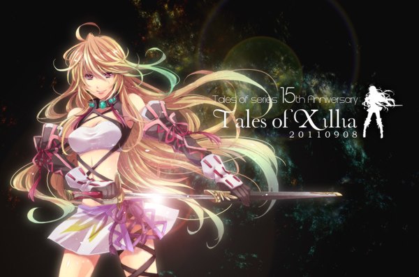 Anime picture 1599x1056 with tales of (series) tales of xillia milla maxwell kanou rihito (artist) single long hair blonde hair red eyes ahoge inscription copyright name girl gloves ribbon (ribbons) weapon detached sleeves sword