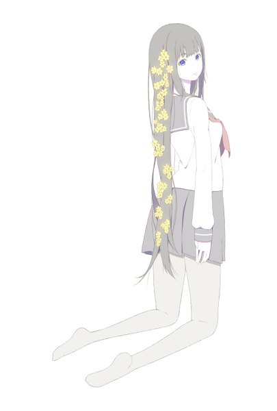 Anime picture 1000x1480 with original natuich single long hair tall image looking at viewer fringe breasts simple background white background purple eyes long sleeves pleated skirt looking back barefoot hair flower grey hair bare legs legs white skin