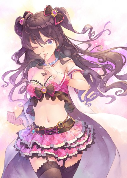 Anime picture 743x1043 with idolmaster idolmaster cinderella girls ichinose shiki terumii single long hair tall image blush fringe open mouth blue eyes hair between eyes brown hair standing bare shoulders holding one eye closed lips wink midriff