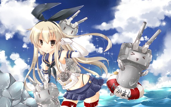 Anime picture 1920x1200 with kantai collection shimakaze destroyer rensouhou-chan kananasuka single long hair looking at viewer blush highres blonde hair wide image brown eyes wet wallpaper :3 weightlessness > < girl skirt gloves