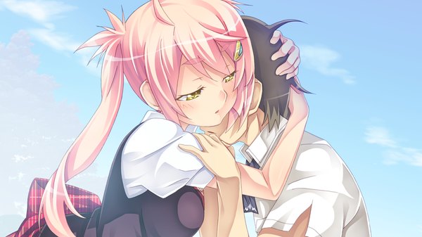 Anime picture 1024x576 with legend seven (game) long hair black hair wide image twintails yellow eyes pink hair game cg couple girl boy uniform school uniform