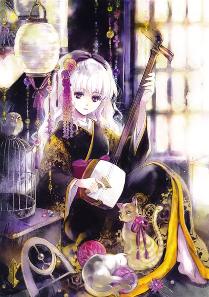 Anime picture 2165x3068 with original eshi 100-nin ten kuramoto kaya long hair tall image looking at viewer highres purple eyes white hair traditional clothes japanese clothes girl hair ornament bow hair bow animal bird (birds) cat cage