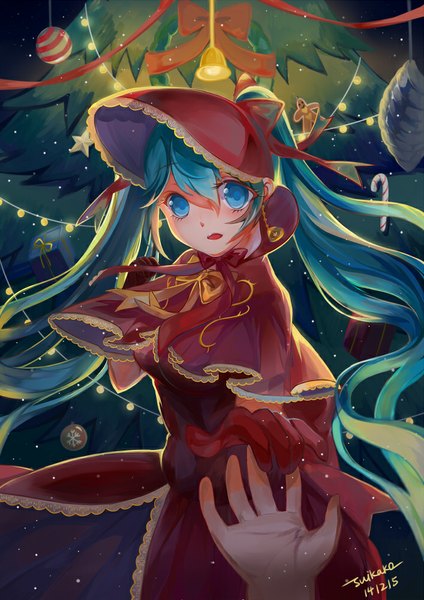 Anime picture 707x1000 with league of legends sona buvelle suikako tall image looking at viewer fringe open mouth blue eyes twintails signed very long hair green hair alternate costume outstretched arm dated girl dress gloves bow headdress