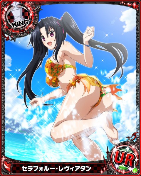 Anime picture 640x800 with highschool dxd serafall leviathan single long hair tall image looking at viewer blush breasts open mouth light erotic black hair purple eyes twintails sky cloud (clouds) torn clothes card (medium) girl swimsuit bikini