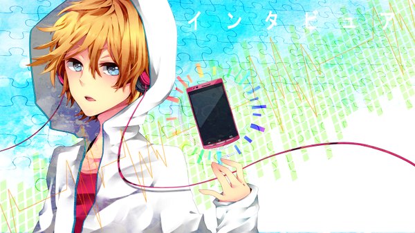Anime picture 3000x1687 with nico nico singer 96neko yuuchi single highres short hair blue eyes blonde hair wide image open clothes open jacket reverse trap girl jacket headphones hood wire (wires) phone puzzle
