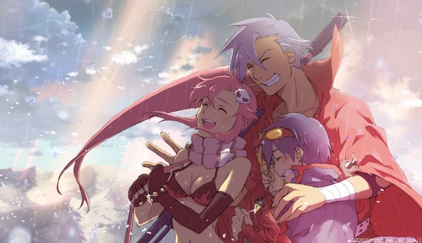 Anime picture 1730x1000 with tengen toppa gurren lagann gainax yoko littner simon kamina mikazuki (artist) highres wide image blue hair pink hair sky cloud (clouds) ponytail eyes closed hug rain laughing girl boy sunglasses