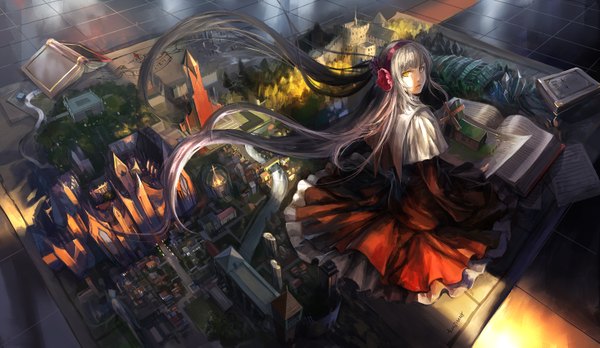 Anime picture 1464x851 with original kzcjimmy single long hair looking at viewer fringe wide image yellow eyes silver hair very long hair from above wind from behind sunlight city cityscape fantasy giant girl dress