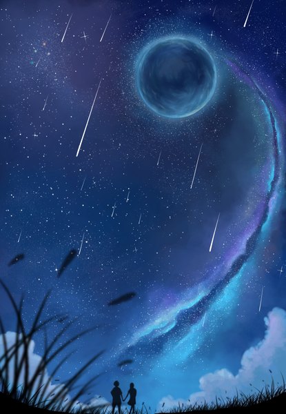 Anime picture 2700x3900 with original donsaid (dias mardianto) long hair tall image highres short hair standing cloud (clouds) night night sky holding hands shooting star constellation milky way girl boy plant (plants) moon star (stars) grass