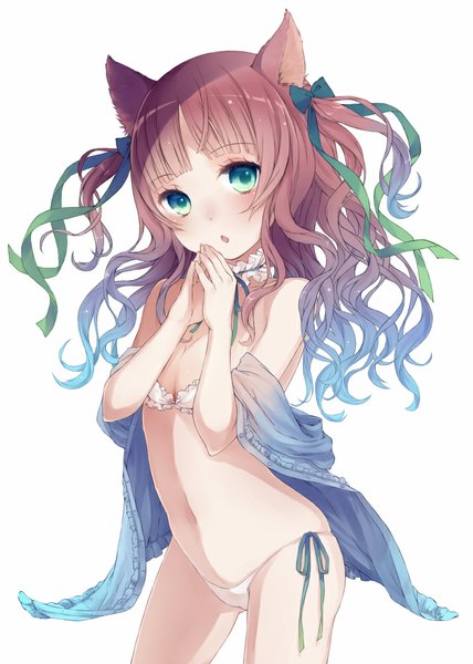 Anime picture 714x1000 with original aquariumtama single long hair tall image blue eyes light erotic simple background brown hair white background animal ears cat ears girl navel underwear panties ribbon (ribbons) hair ribbon lingerie bra