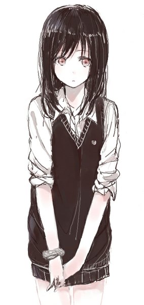 Anime picture 396x836 with original krsk single long hair tall image looking at viewer fringe black hair simple background standing white background pink eyes twisty sleeves wrist scrunchie white skin girl uniform school uniform shirt bracelet