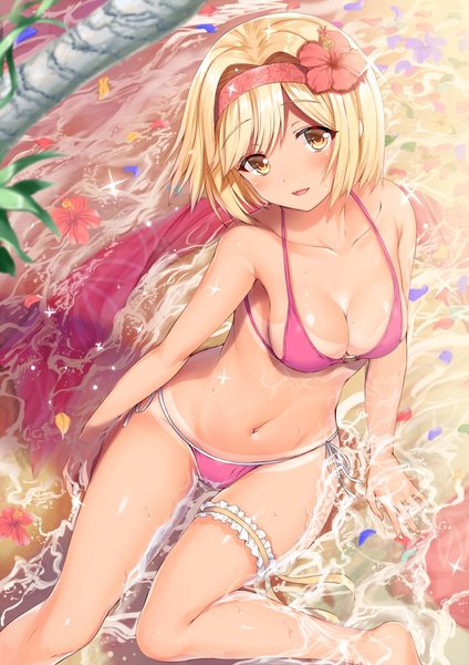 Anime picture 706x1000 with granblue fantasy gita (granblue fantasy) single tall image looking at viewer blush fringe short hair breasts light erotic blonde hair sitting bare shoulders yellow eyes bent knee (knees) head tilt barefoot hair flower from above bare belly