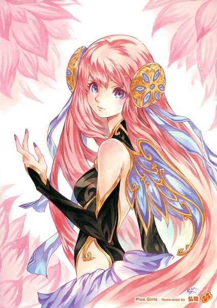 Anime picture 2544x3600 with girls, girls, girls! 11 (artbook) kouji single long hair tall image looking at viewer highres blue eyes bare shoulders pink hair scan official art girl dress hair ornament flower (flowers) ribbon (ribbons) hair ribbon detached sleeves