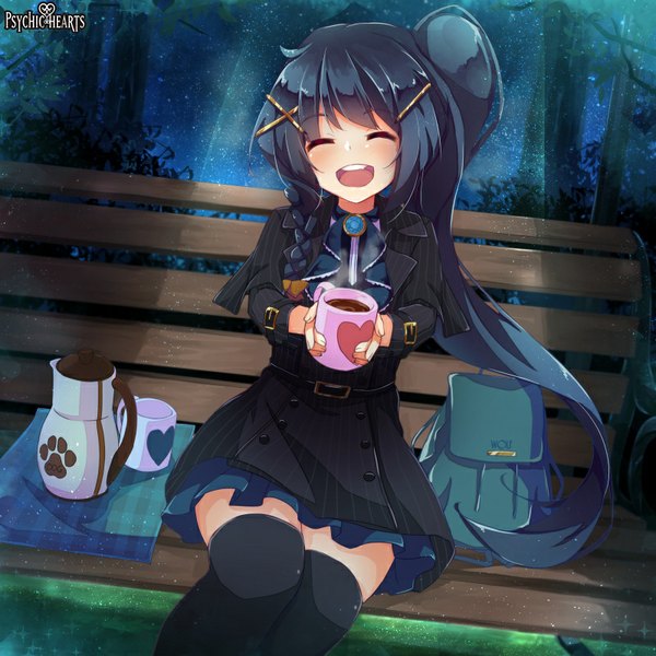 Anime picture 800x800 with original dennryuurai long hair blush open mouth black hair sitting eyes closed side ponytail girl thighhighs black thighhighs plant (plants) tree (trees) bench mug