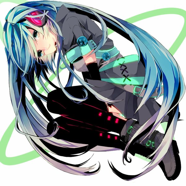 Anime picture 1000x1000 with vocaloid hatsune miku mihatarou single long hair looking at viewer smile white background twintails aqua eyes aqua hair girl thighhighs skirt black thighhighs headphones