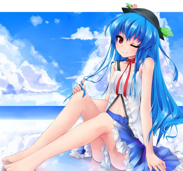Anime picture 1200x1125 with touhou hinanawi tenshi mijinko (rioriorio) single long hair smile red eyes bare shoulders blue hair sky cloud (clouds) one eye closed barefoot wink legs girl dress hat