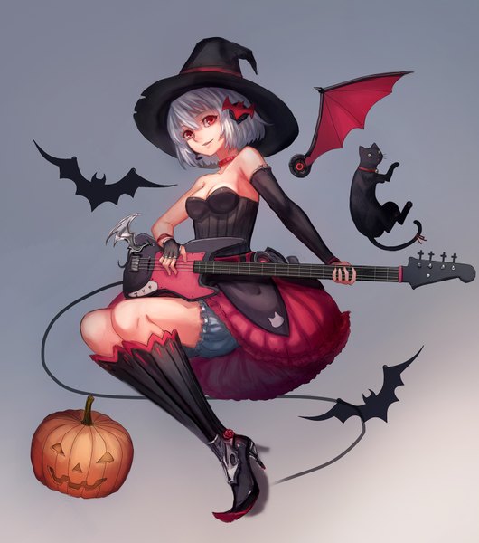 Anime picture 1500x1696 with original bryanth single tall image short hair red eyes white hair halloween girl dress hat animal wings boots headphones cat witch hat guitar jack-o'-lantern bat
