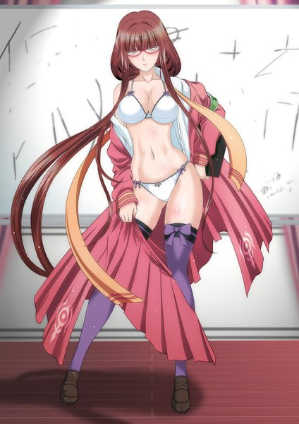 Anime picture 750x1062 with aoki hagane no arpeggio hiei (aoki hagane no arpeggio) kaname aomame single long hair tall image looking at viewer blush breasts light erotic brown hair brown eyes girl thighhighs navel underwear panties glasses lingerie bra