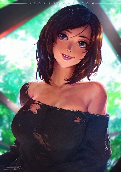Anime picture 800x1132 with nudtawut thongmai single tall image short hair breasts light erotic smile brown hair lips black eyes realistic lipstick torn clothes pink lipstick girl clothes