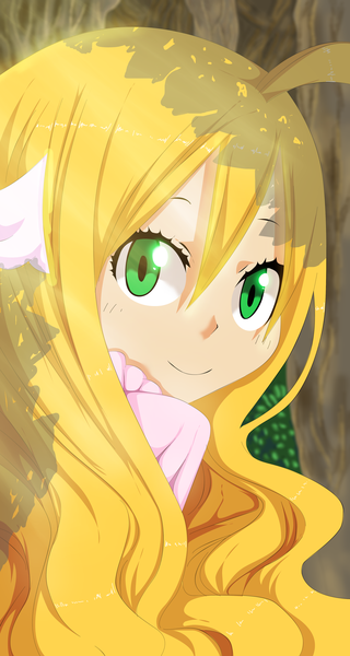Anime picture 2400x4500 with fairy tail mavis vermillion getaxy single long hair tall image highres blonde hair smile green eyes ahoge looking back sunlight loli coloring head wings girl plant (plants) wings tree (trees)