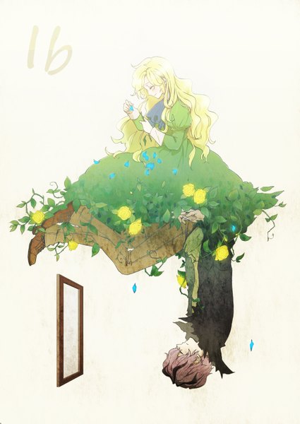Anime picture 1000x1411 with ib (game) garry (ib) mary (ib) long hair tall image short hair blonde hair smile white background purple hair eyes closed inscription framed girl dress boy petals rose (roses) green dress