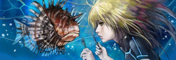 Anime picture 1739x600 with original canking blush highres blonde hair wide image profile multicolored hair lips underwater minigirl riding girl hat choker fish (fishes) knife fork