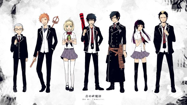 Anime picture 1600x900 with ao no exorcist a-1 pictures okumura rin okumura yukio moriyama shiemi shima renzou kamiki izumo suguro ryuuji miwa konekomaru nii (ao no exorcist) tagme (artist) long hair short hair open mouth blue eyes black hair simple background blonde hair smile red eyes