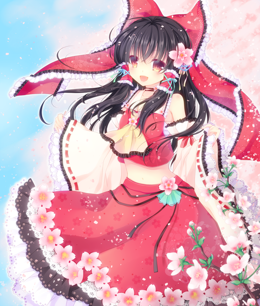 Anime picture 1500x1763 with touhou hakurei reimu mikazuki sara single long hair tall image open mouth black hair red eyes hair flower midriff cherry blossoms miko girl skirt hair ornament flower (flowers) bow hair bow detached sleeves