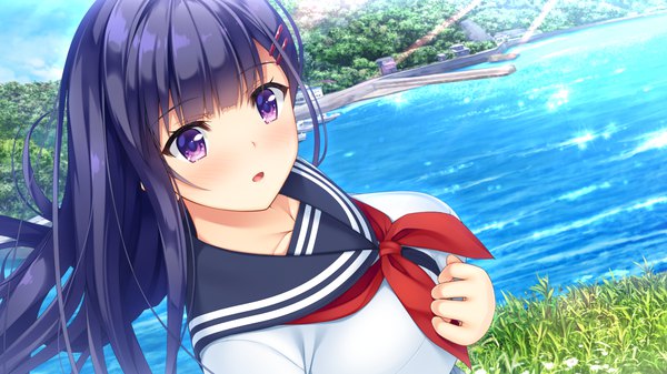 Anime picture 1280x720 with natural vacation hibiki works fujisaki haruka asami asami single long hair blush black hair wide image purple eyes game cg wind sunlight sunbeam girl uniform water serafuku