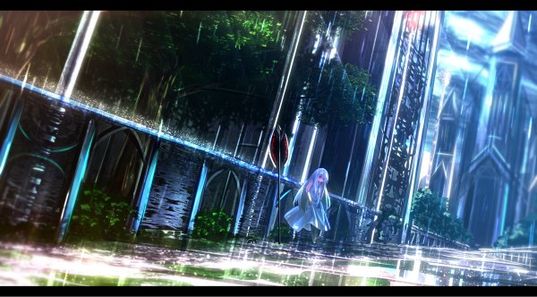 Anime picture 1200x664 with original haru (ryosios) ryosios single long hair blue eyes red eyes wide image grey hair heterochromia letterboxed rain scenic girl dress weapon plant (plants) tree (trees) boots white dress
