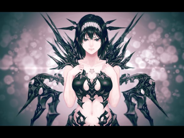 Anime picture 1350x1020 with original mstm single looking at viewer short hair black hair cleavage black eyes letterboxed partial nude girl navel hairband