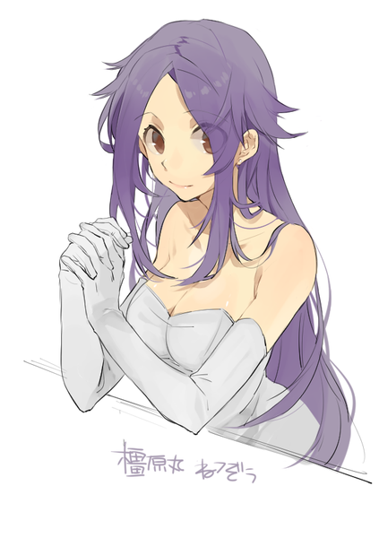 Anime picture 595x842 with kantai collection junyou light aircraft carrier hita (hitapita) single long hair tall image simple background smile white background bare shoulders brown eyes looking away cleavage purple hair from above alternate costume text spiked hair girl dress