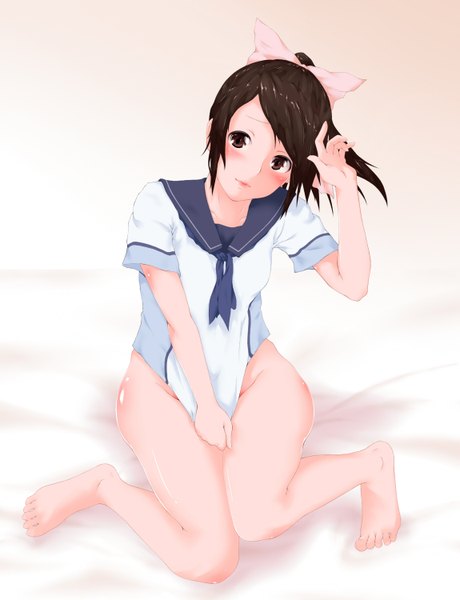 Anime picture 1150x1500 with single tall image blush short hair black hair sitting brown eyes bare legs girl bow hair bow serafuku sailor suit
