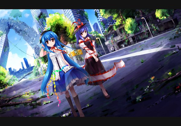 Anime picture 1725x1200 with touhou hinanawi tenshi nagae iku mijinko (rioriorio) long hair highres red eyes multiple girls blue hair purple hair girl dress 2 girls plant (plants) hat tree (trees) boots frills building (buildings)