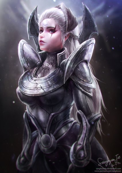 Anime picture 1300x1838 with league of legends diana (league of legends) sanghyunje single long hair tall image looking at viewer breasts standing purple eyes silver hair lips realistic lipstick facial mark pink lipstick makeup girl armor spaulder (spaulders)