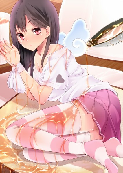 Anime picture 620x876 with original amasora taichi single long hair tall image looking at viewer blush fringe light erotic black hair bent knee (knees) pleated skirt pink eyes no shoes reclining girl thighhighs skirt wings striped thighhighs