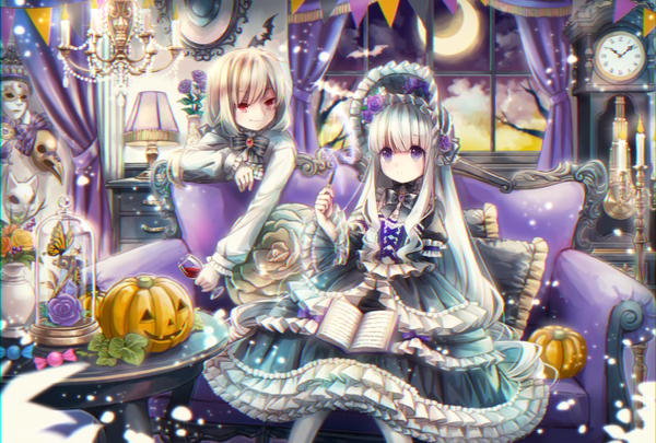 Anime picture 2039x1378 with original yumeichigo alice long hair fringe highres blonde hair smile red eyes sitting purple eyes multiple girls sky white hair blurry night sparkle fang (fangs) magic halloween lolita fashion