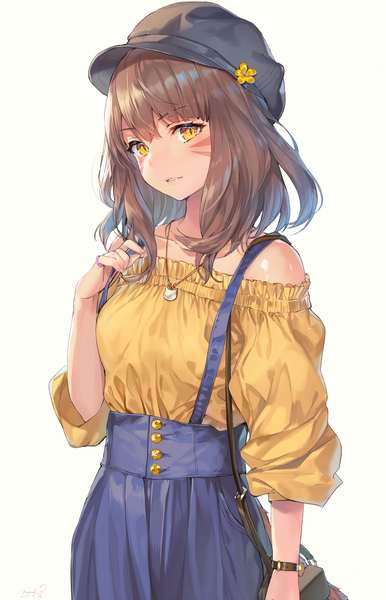 Anime picture 900x1399 with final fantasy final fantasy xiv square enix miqo'te momoko (momopoco) single long hair tall image looking at viewer blush fringe simple background hair between eyes brown hair standing white background bare shoulders signed yellow eyes parted lips