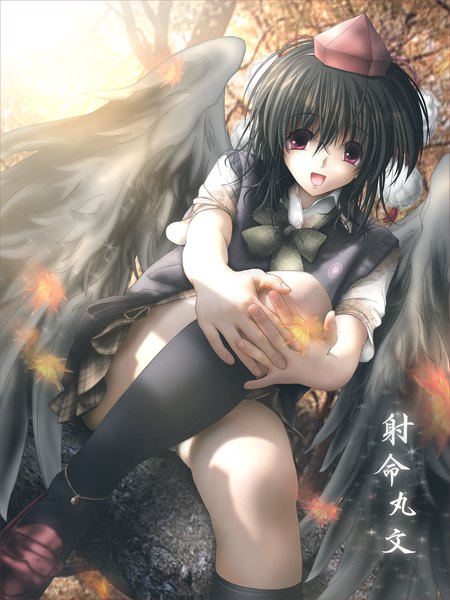 Anime picture 1200x1600 with touhou shameimaru aya gisarme tall image short hair open mouth black hair pink eyes black wings girl wings socks leaf (leaves) black socks tokin hat