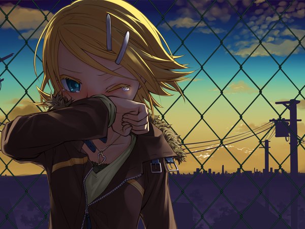 Anime picture 2000x1500 with vocaloid kagamine rin junji highres blue eyes blonde hair sky one eye closed wink evening sunset crying girl hair ornament bobby pin