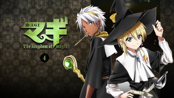 Anime picture 1280x720 with magi the labyrinth of magic a-1 pictures titus alexius sphintus carmen looking at viewer fringe blue eyes blonde hair smile wide image standing green eyes white hair scan inscription multiple boys hand on hip hieroglyph boy uniform