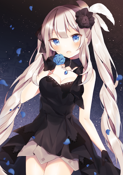 Anime picture 1784x2537 with fate (series) fate/grand order marie antoinette (fate/grand order) shiino sera (gelatin) single long hair tall image looking at viewer blush highres breasts open mouth bare shoulders cleavage silver hair :d hair flower drill hair pinky out heroic spirit formal dress
