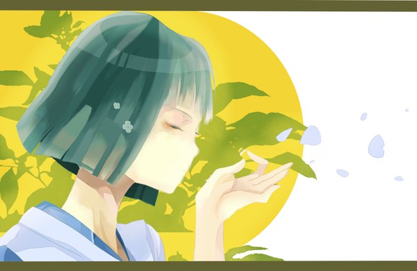 Anime picture 1962x1276 with spirited away studio ghibli haku (spirited away) moka (artist) single highres short hair black hair eyes closed boy petals