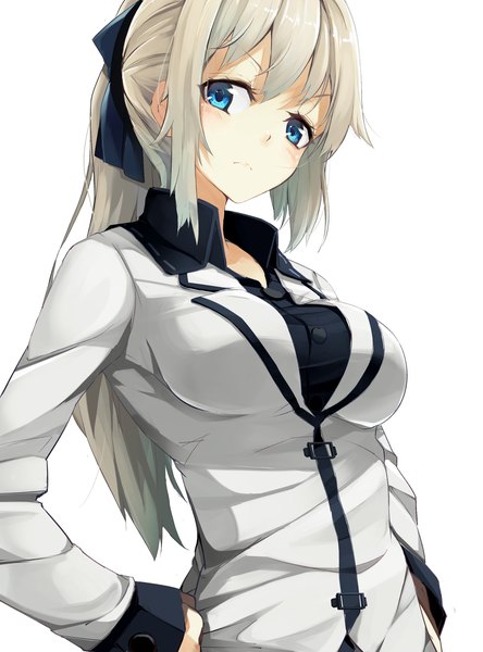 Anime picture 2149x2900 with original momiji oroshi single long hair tall image looking at viewer fringe highres breasts blue eyes simple background blonde hair large breasts standing white background ponytail open collar hands on hips girl ribbon (ribbons)