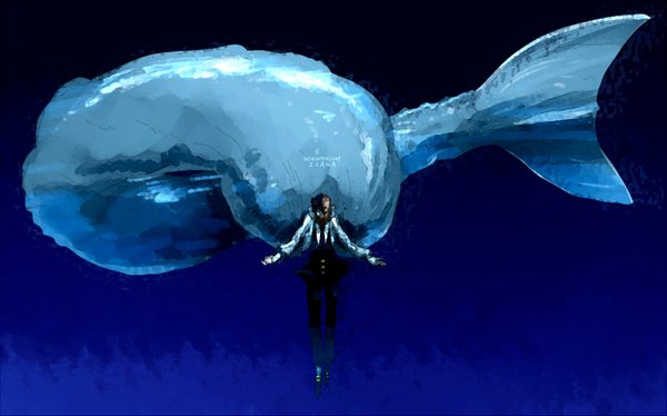 Anime picture 1500x937 with oumagadoki zoo (manga) isana (oumagadoki zoo) oso (pixiv) single short hair black hair wide image spread arms underwater boy animal necktie mask suit whale